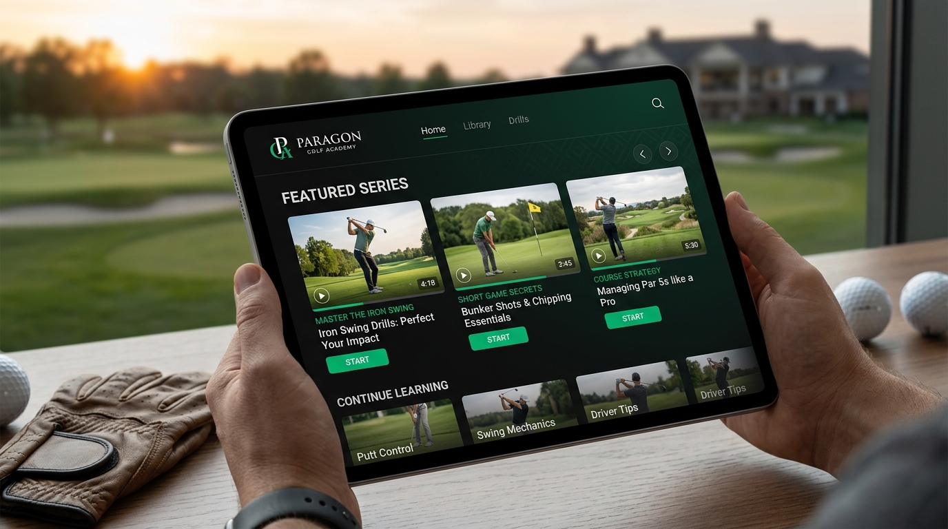 Plataforma de video cursos de golf en tablet moderna